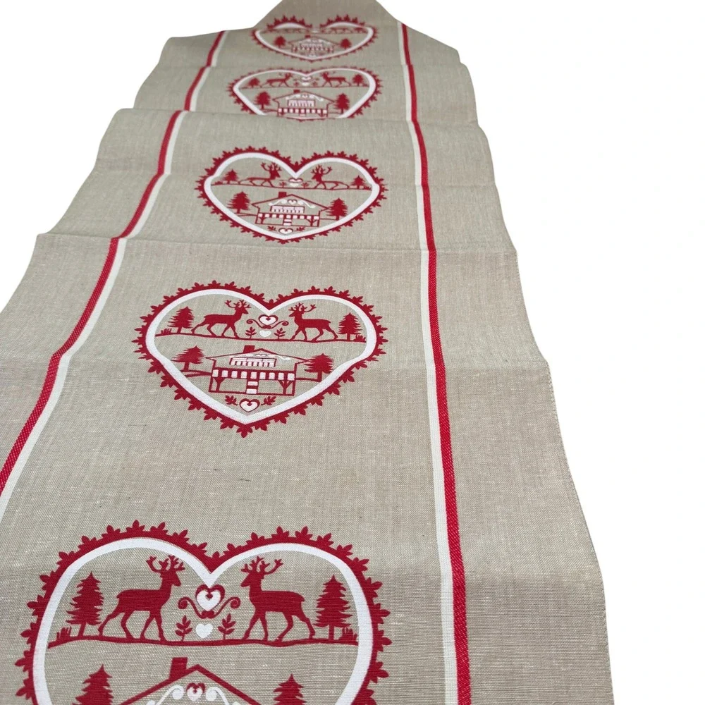 Deco Scandinavian Reindeer Heart Table Runner 40x150cm Chalet Cotton Tassels NEW